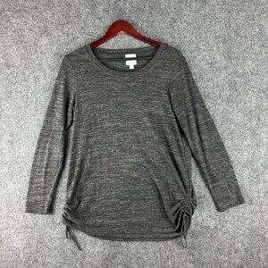 Sunday Sweater  Womens Small Gray Stretch Knit Ruched Tie Side Hems Pullover